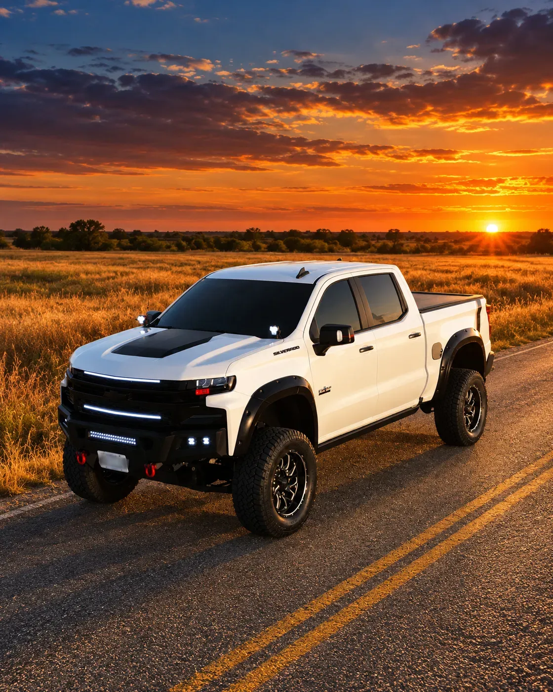 El Fantasma, white 2022 Chevrolet Silverado RST at sunset